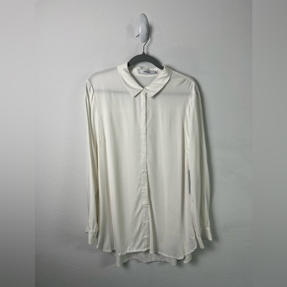 JustFab Ivory Rayon Sheer Button Down Office Career Fall Layering - Picture 1 of 11
